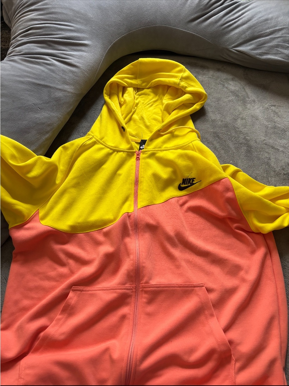 Nike Men’s Yellow and Coral Colorblock Zip Hoodie